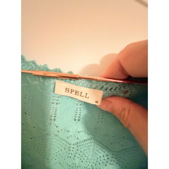 Spell Siesta Knit Dress Women’s Size M Teal Blue Crochet Midi 3/4 Sleeve - Picture 3 of 6